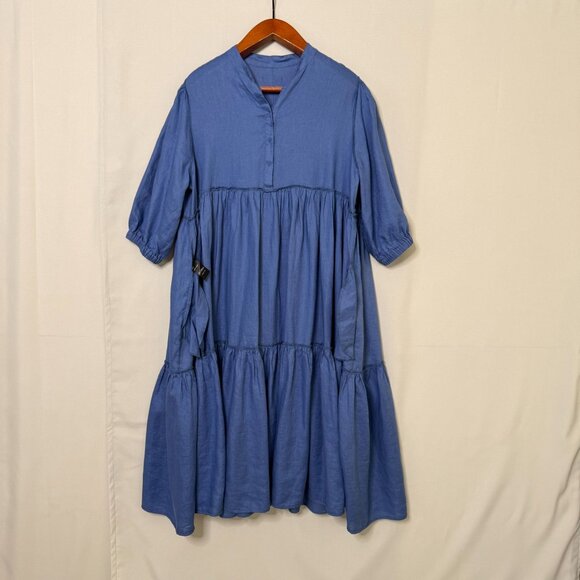 Visible Art Blue 100% Linen Ballon 3/4 Sleeves Empire Waist Midi Dress Size XL - Picture 8 of 12